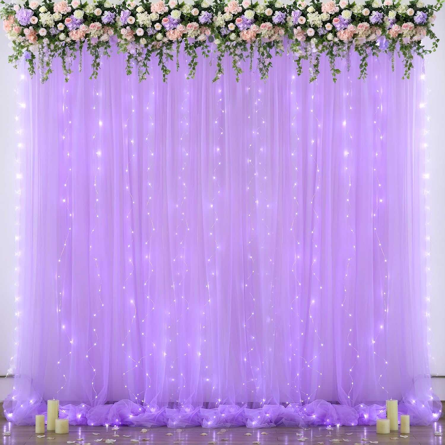 Lavender Sheer Backdrop Curtain with LED Lights for Events