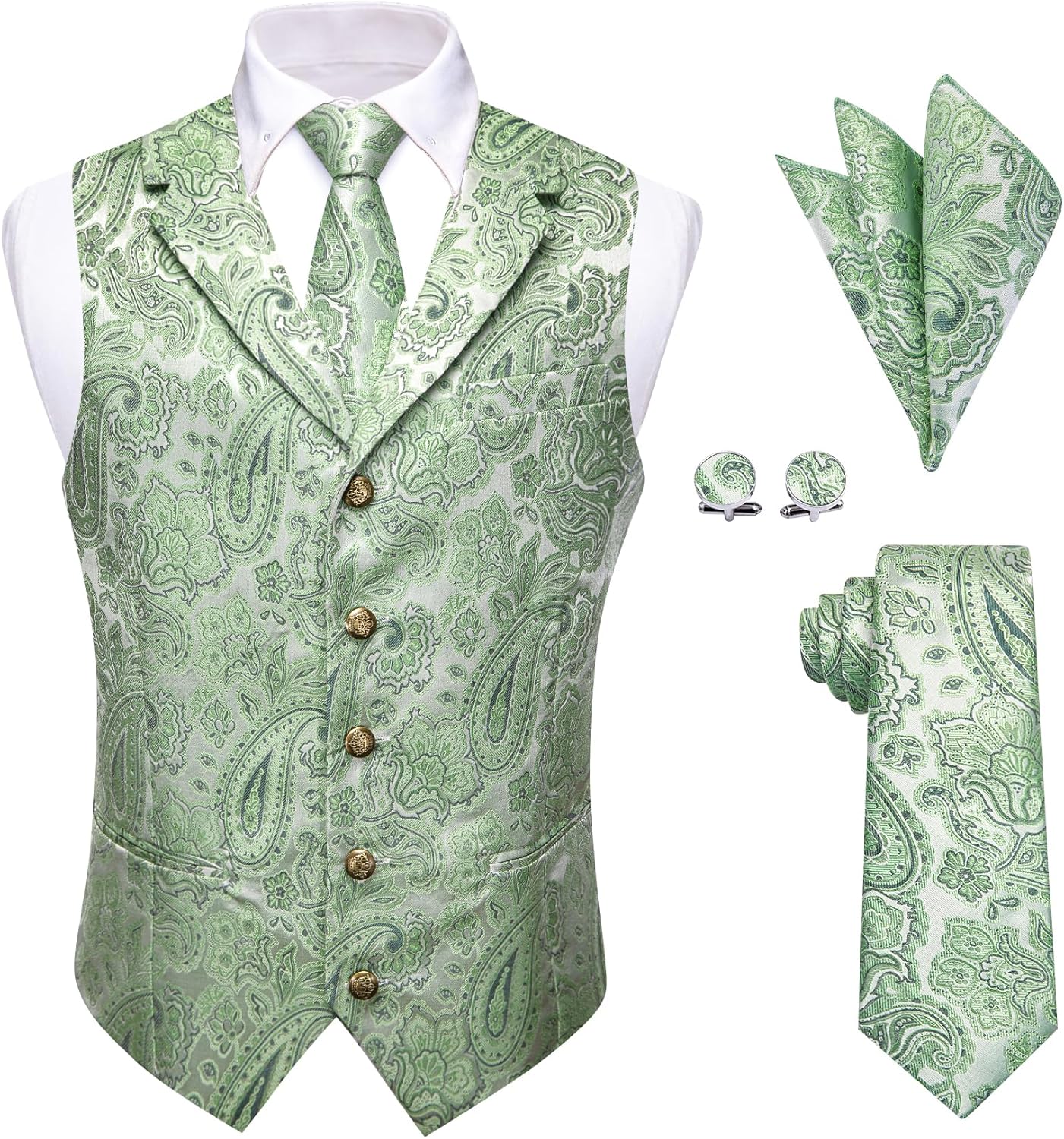 Mens Suit Vest 4PC Silk Paisley Vest with Necktie and Cufflinks