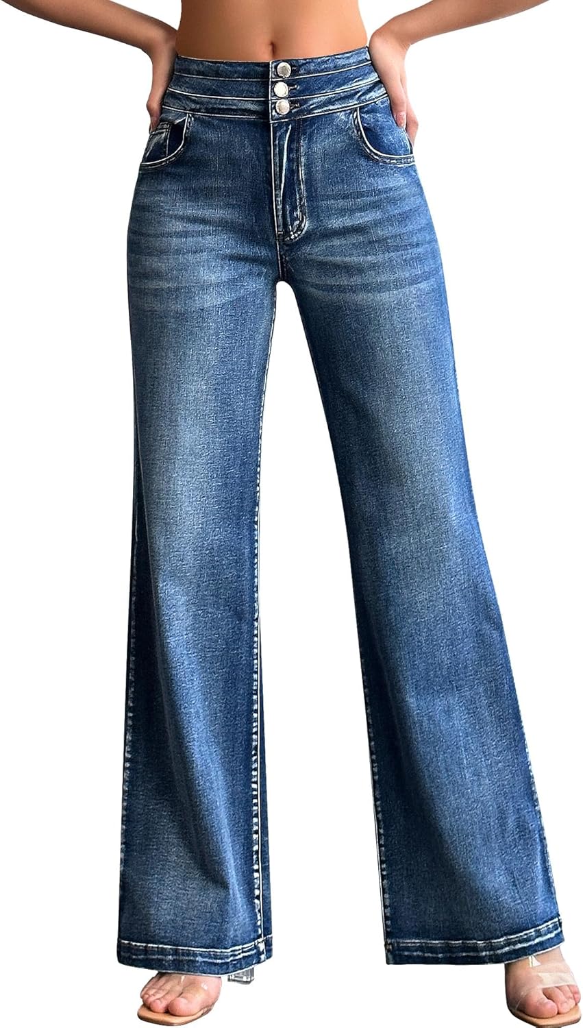 Wide Leg Jeans for Women - Casual High Waisted Stretch Denim