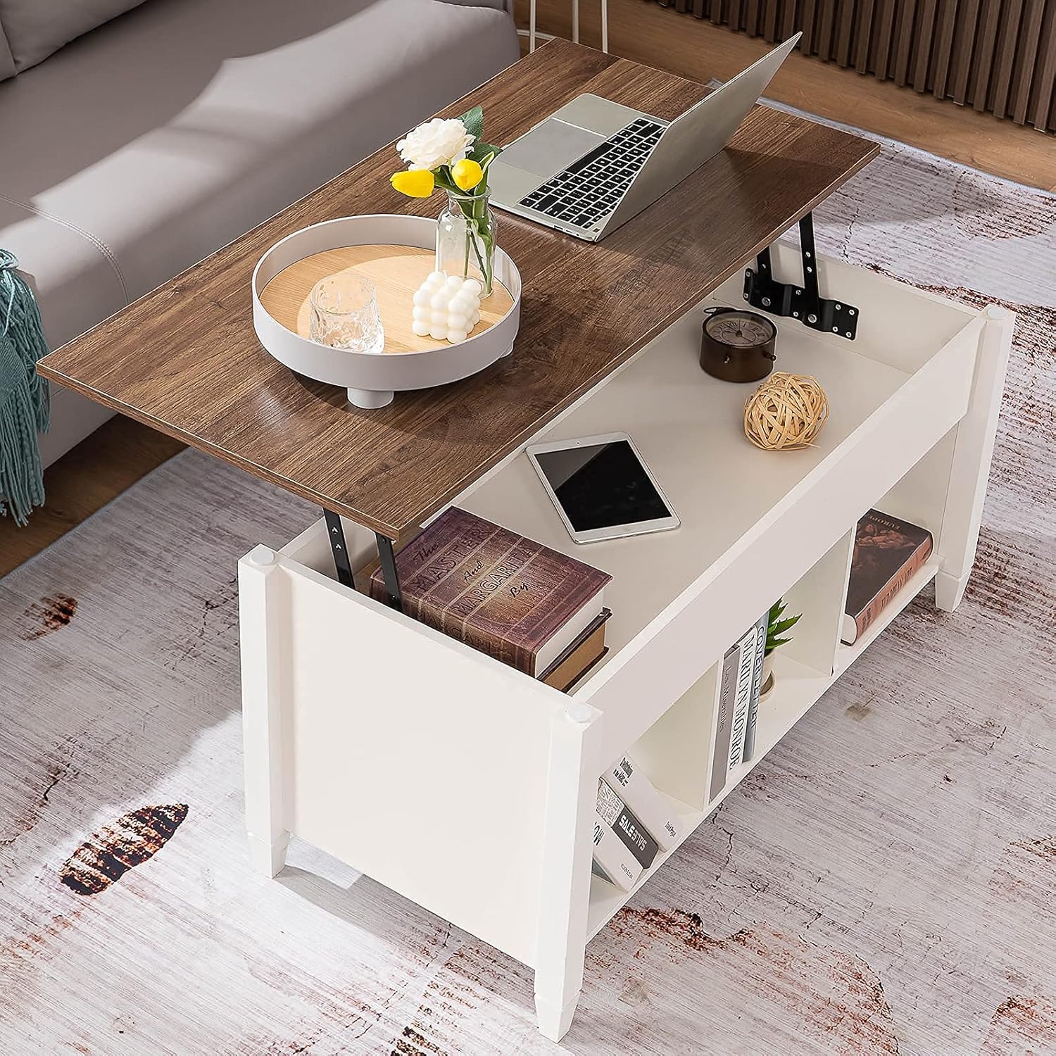 VINGLI White Lift Top Coffee Table: Hidden Storage & Gas Lift