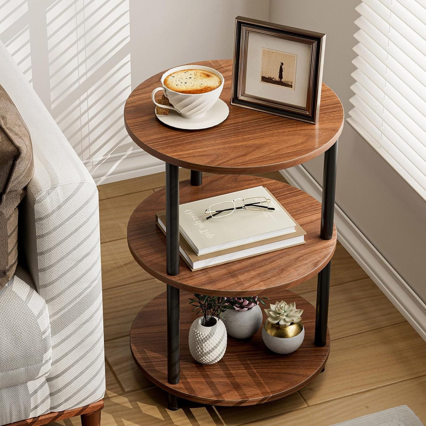 Small Round End Table - 3 Tier Design for Compact Spaces