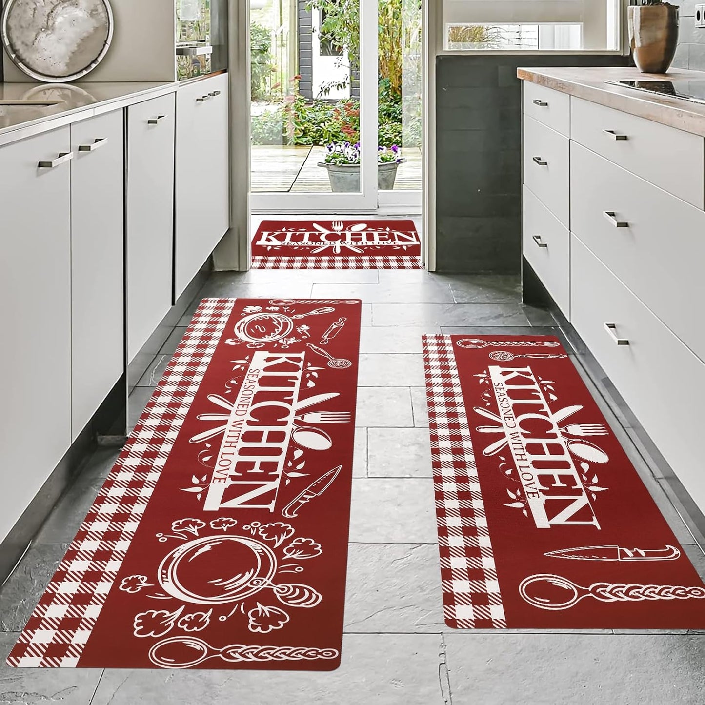 Red Kitchen Mats for Floor - 3 Piece Non Slip Cushioned Set