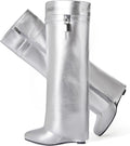Fold Over Boots for Women Pointy Wedge Heel Knee Boot - Side Zipper