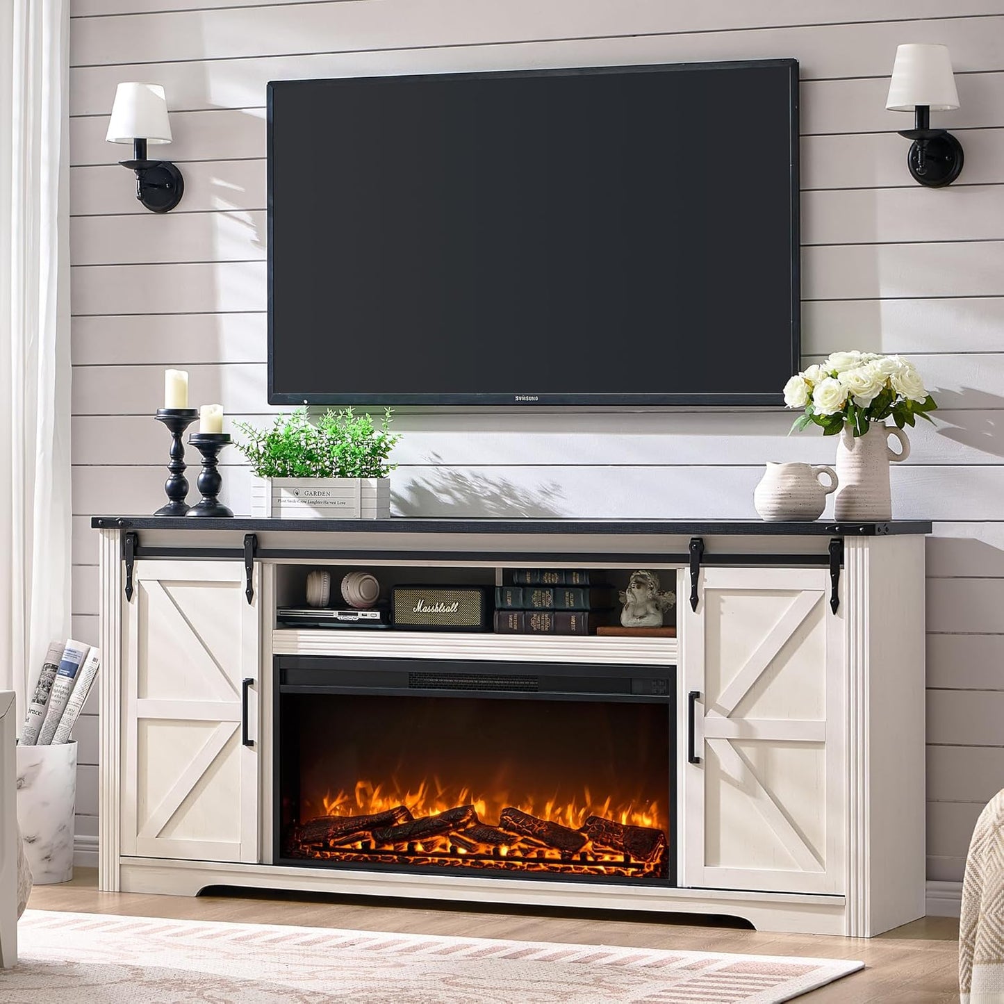 Farmhouse Fireplace TV Stand for 80 TV - Modern Rustic Charm!