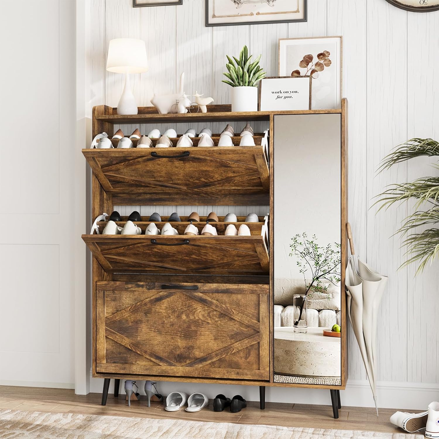 Maupvit Shoe Storage Cabinet with 3 Flip Drawers & Mirror
