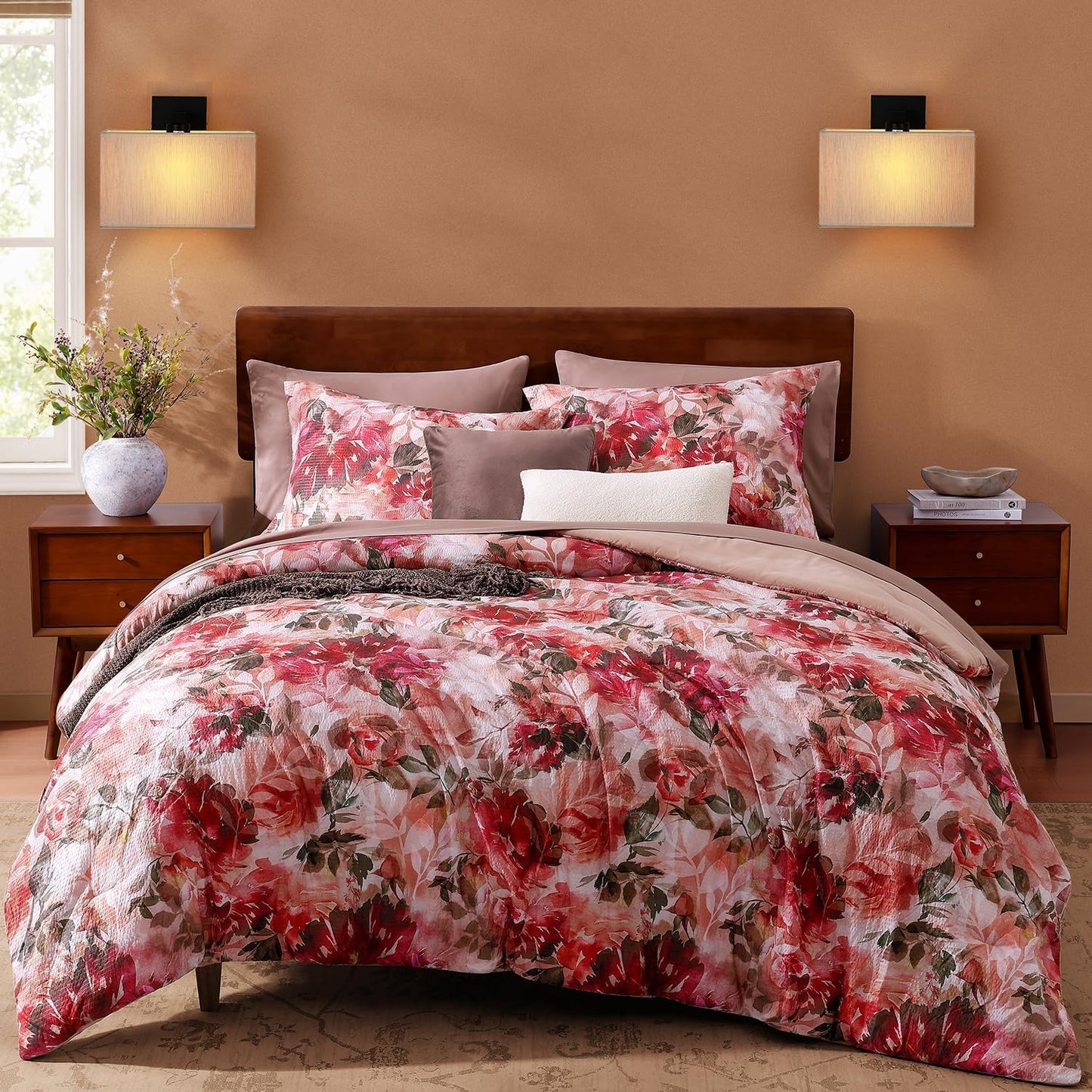 CASAAGUSTO Full Comforter Set with Red Rose Floral Design