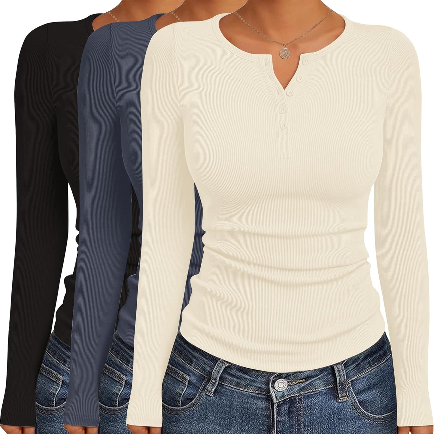Ekouaer Women's Long Sleeve Henley Button Down Tops 3 Pack