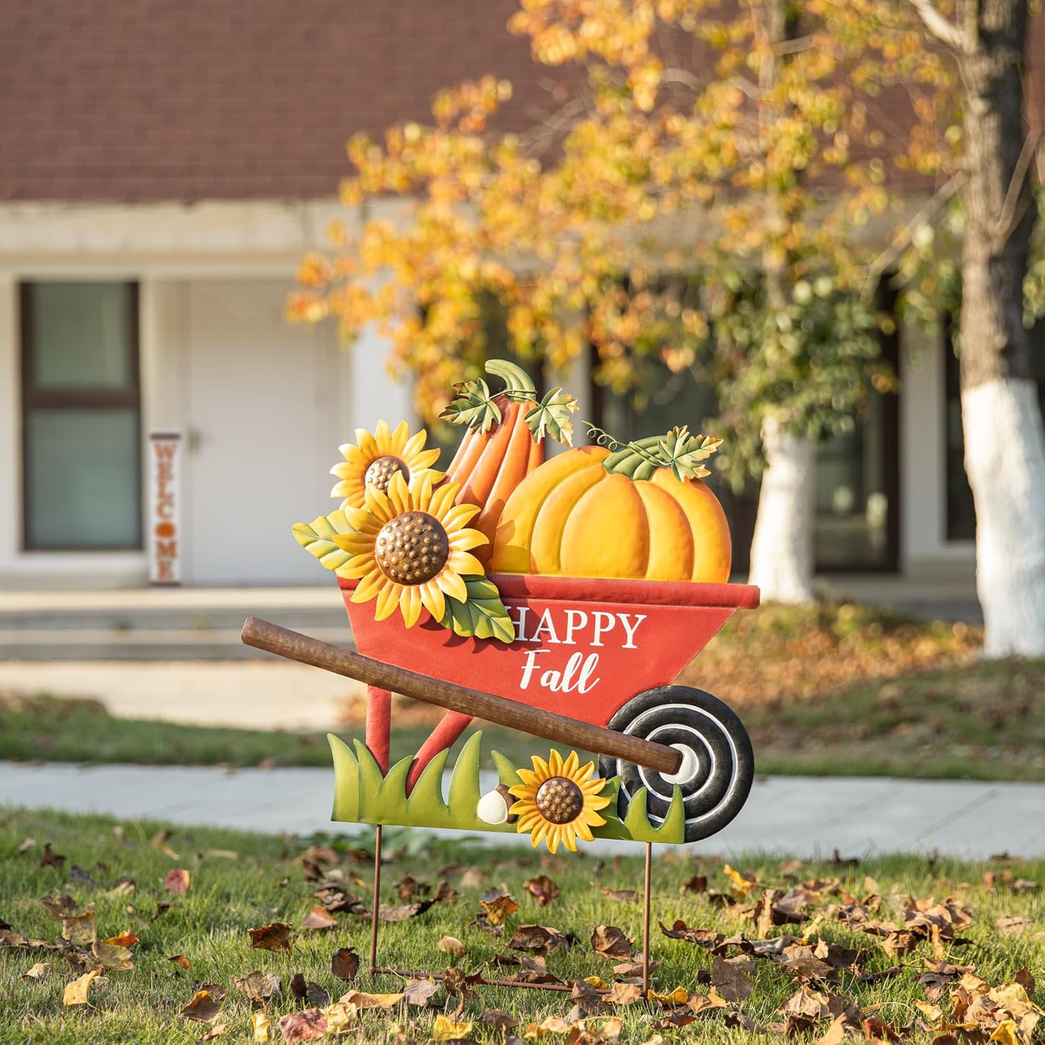 Fall Metal Wheel Barrow Pumpkin Yard Stake for Autumn Decor