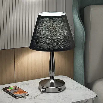 Black Touch Table Lamp for Bedroom with USB Ports and Dimming