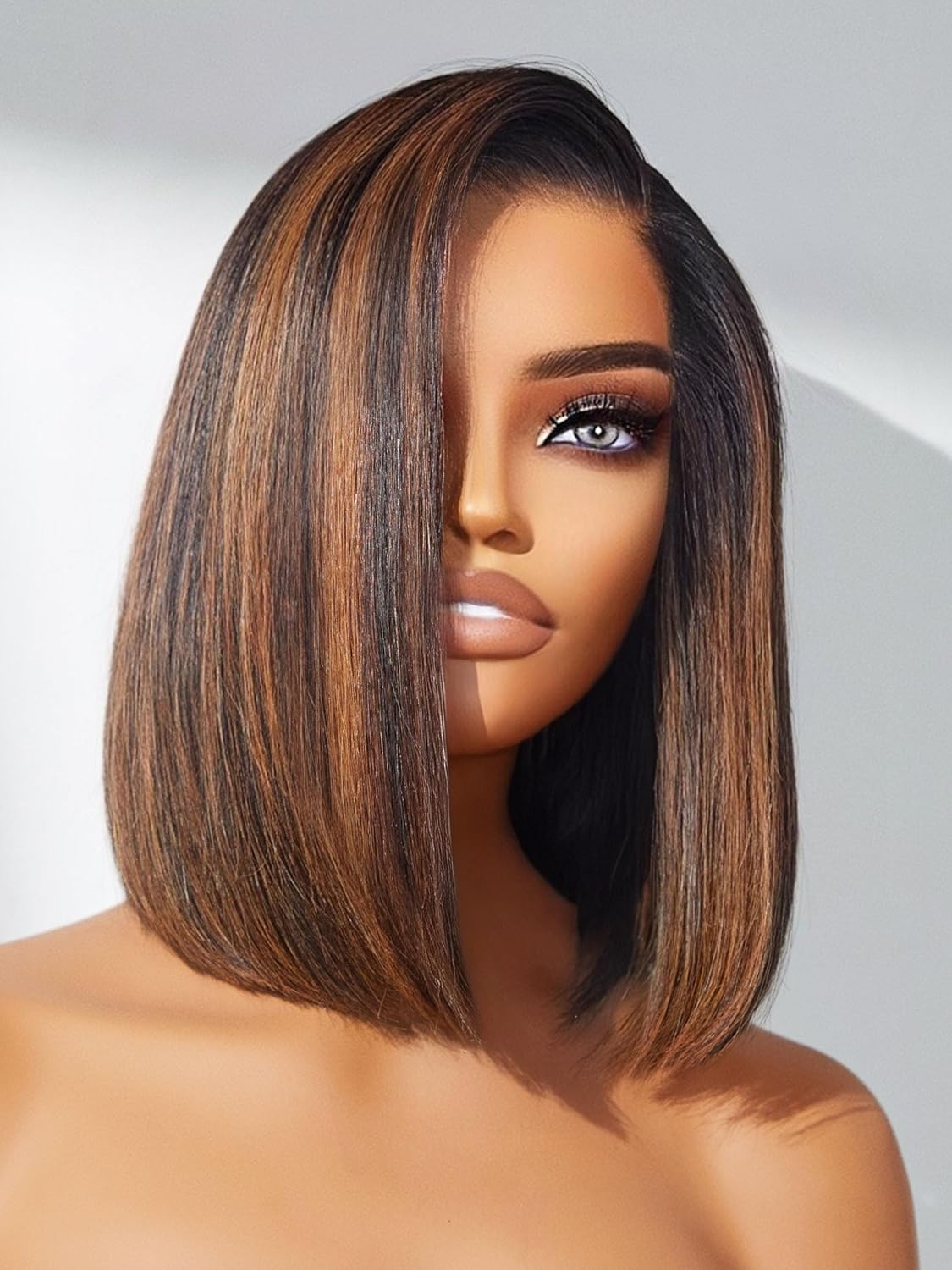 LUVME HAIR Bob Wig 100% Human Hair with Brown Highlights