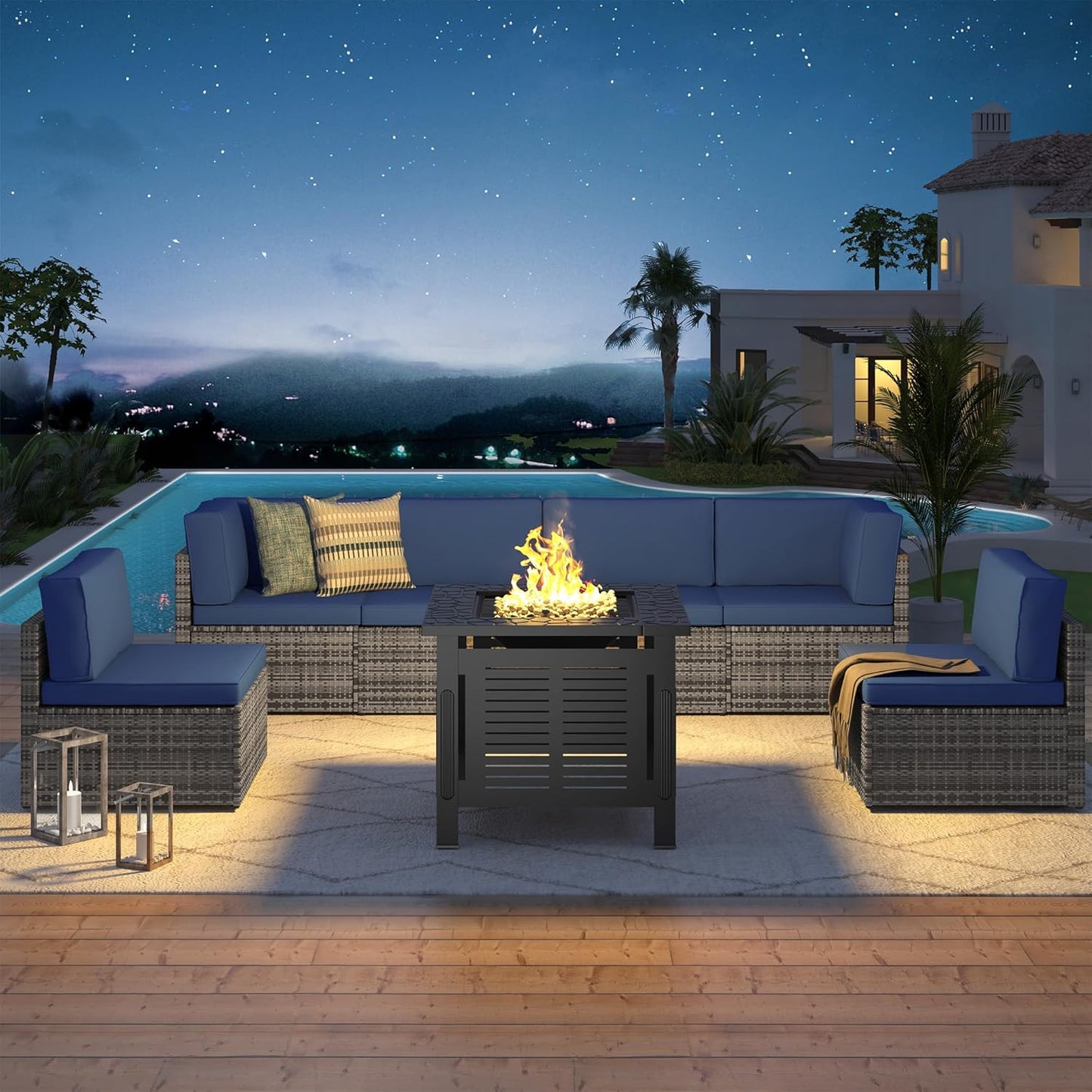 U-MAX 7 Piece Outdoor Patio Furniture Set with Fire Pit Table