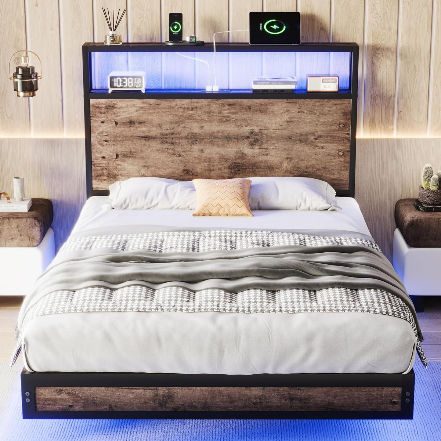 Floating Bed Frame with Bookcase Headboard and LED Lights