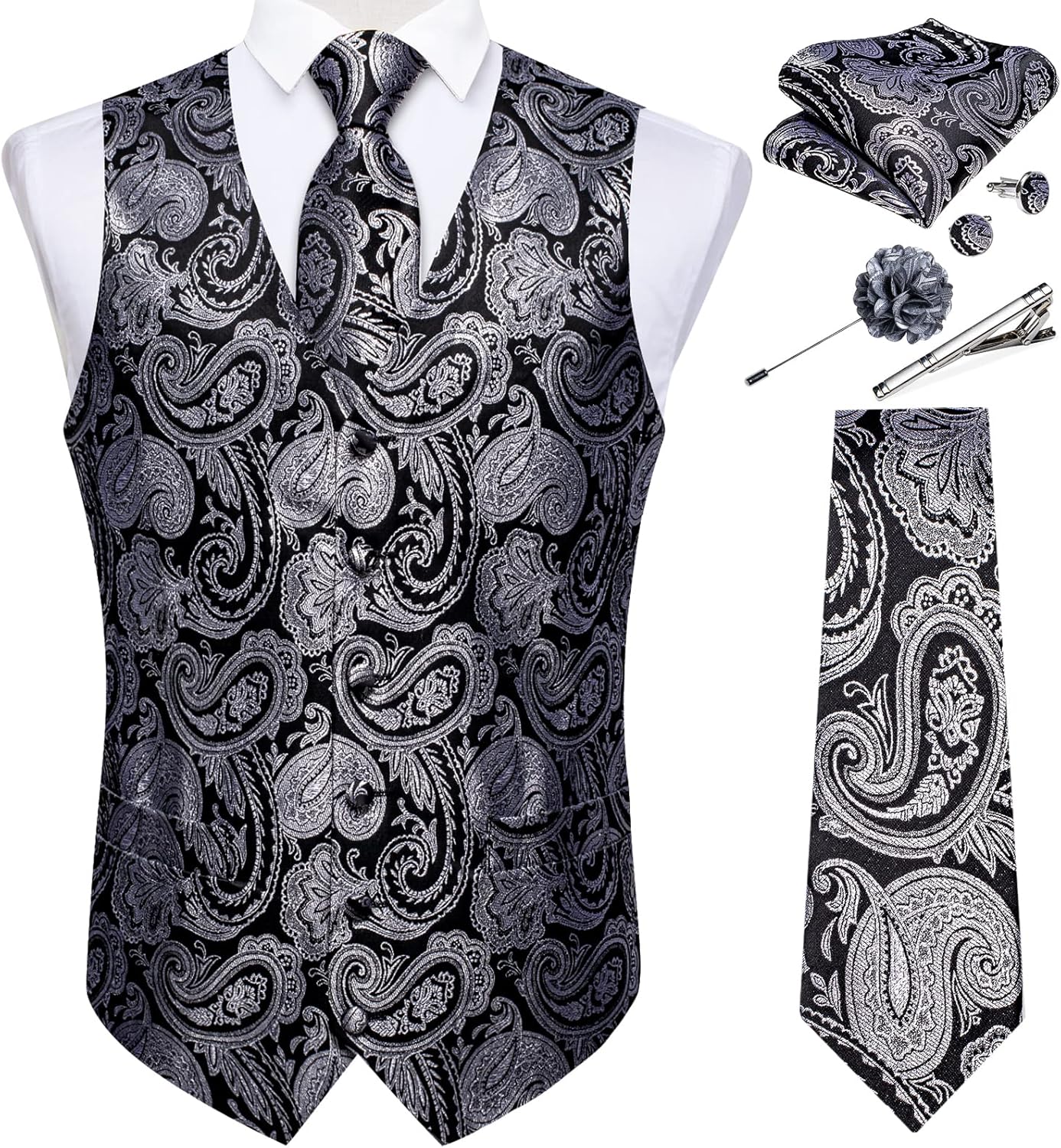 DiBanGu Mens Paisley Vest Tie Set for Tuxedo Weddings and More