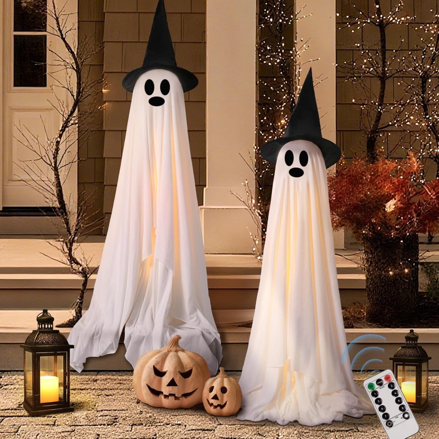 Light-Up Spooky Ghosts for Halloween Decor with Witch Hats