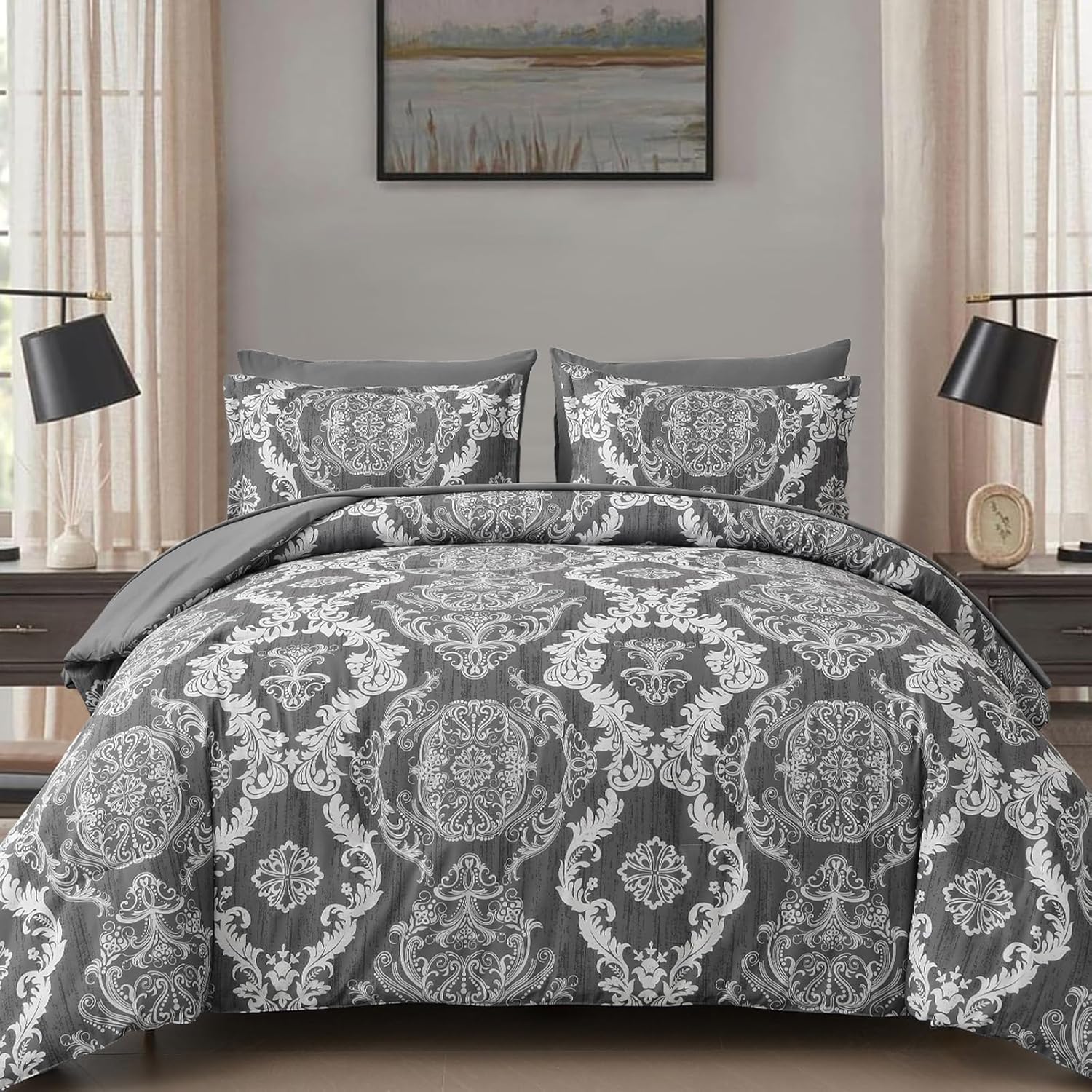 Dark Grey Comforter Set Queen Size with Damask Texture 7 Pieces