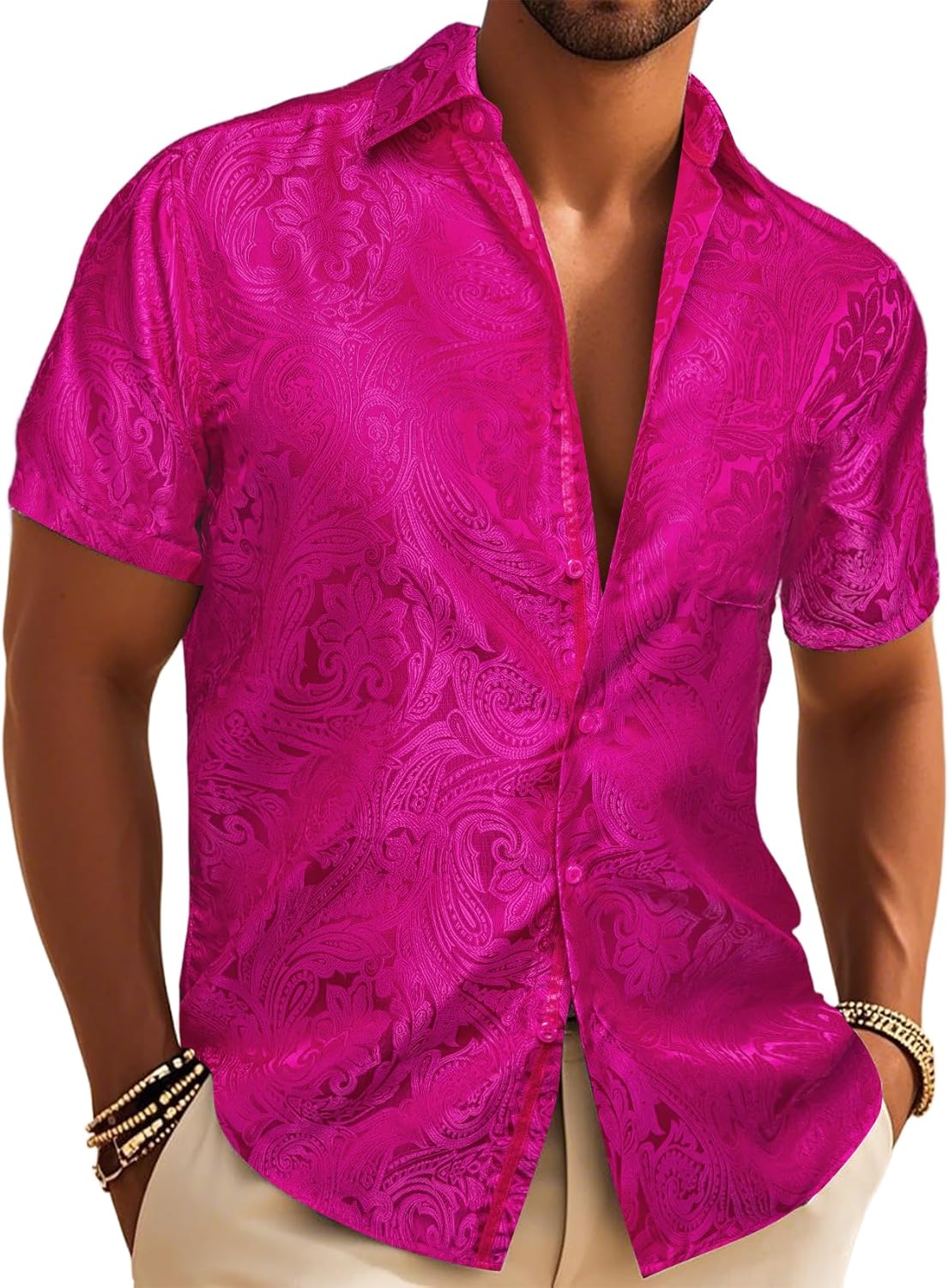 Men's Silk Shirt Paisley Floral Jacquard Short Sleeve Dress