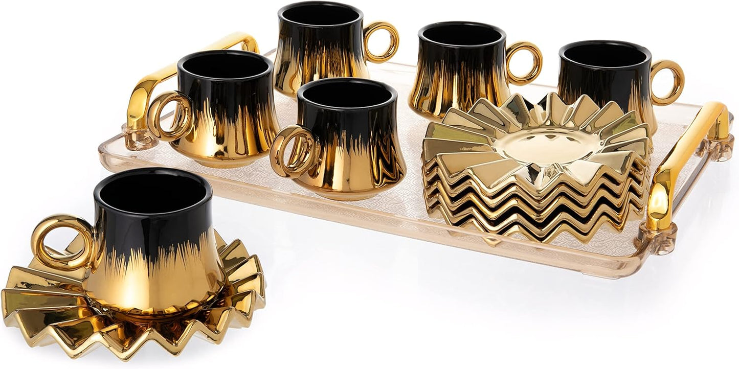 Turkish Coffee Cup Set of 6 with Saucers & Tray for Espresso