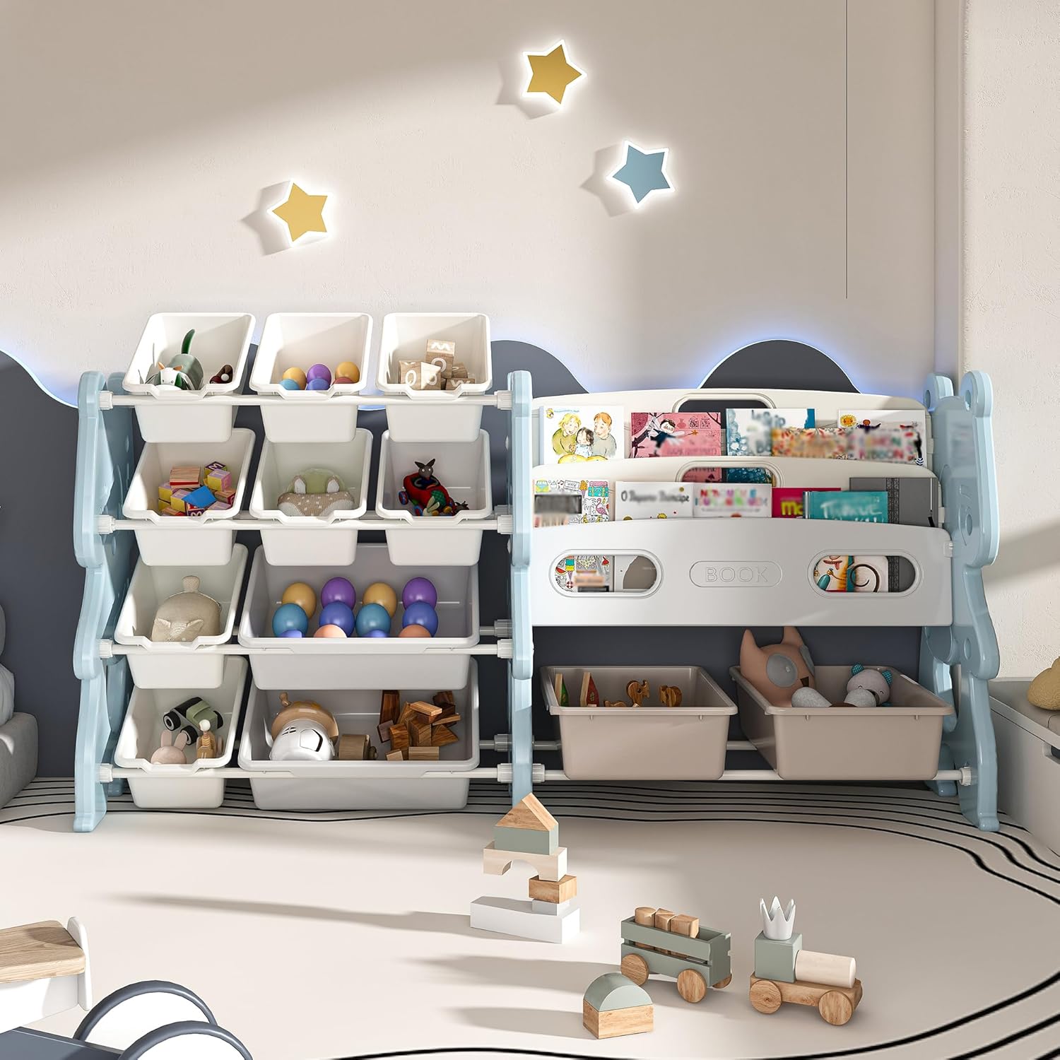 Large Toy Organizer with 12 Bins and 2-Tier Book Shelf for Kids