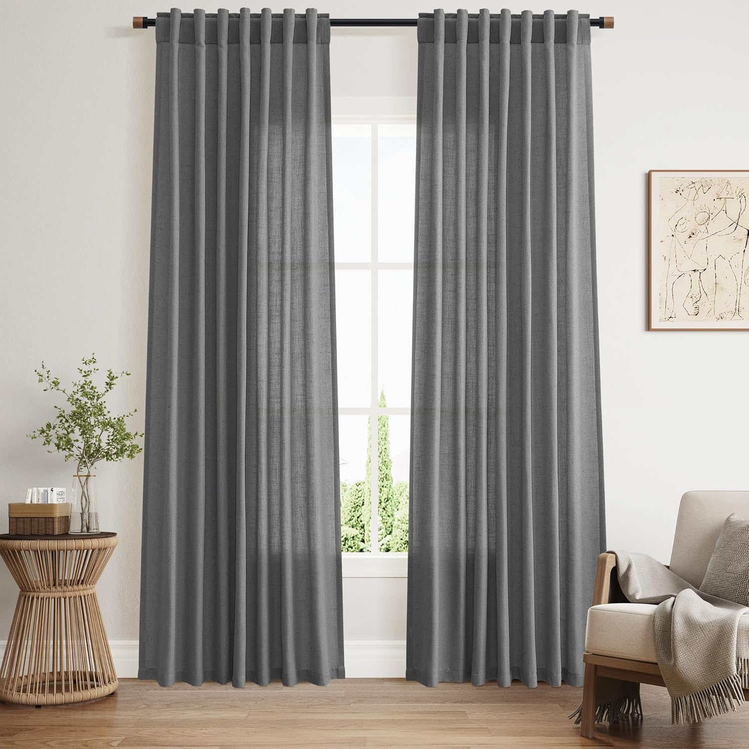 Nanspring Grey Linen Blend Light Filtering Back Tab Curtains