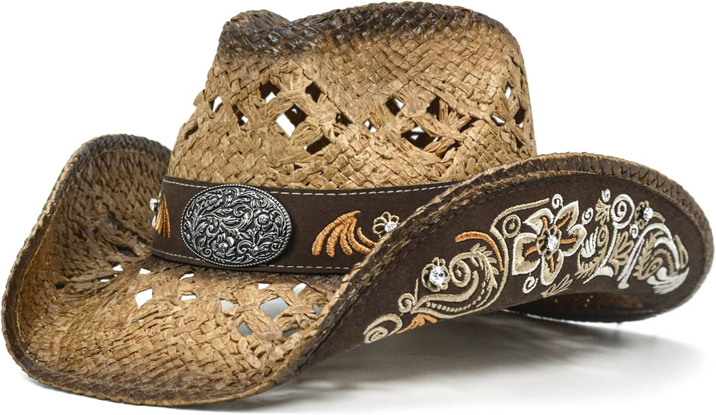 Stylish Cowboy Hats for Women and Men - Embroidered Straw Design