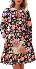 BTFBM Women Fall Floral V Neck Long Sleeve Tiered Ruffle Mini Dress Be