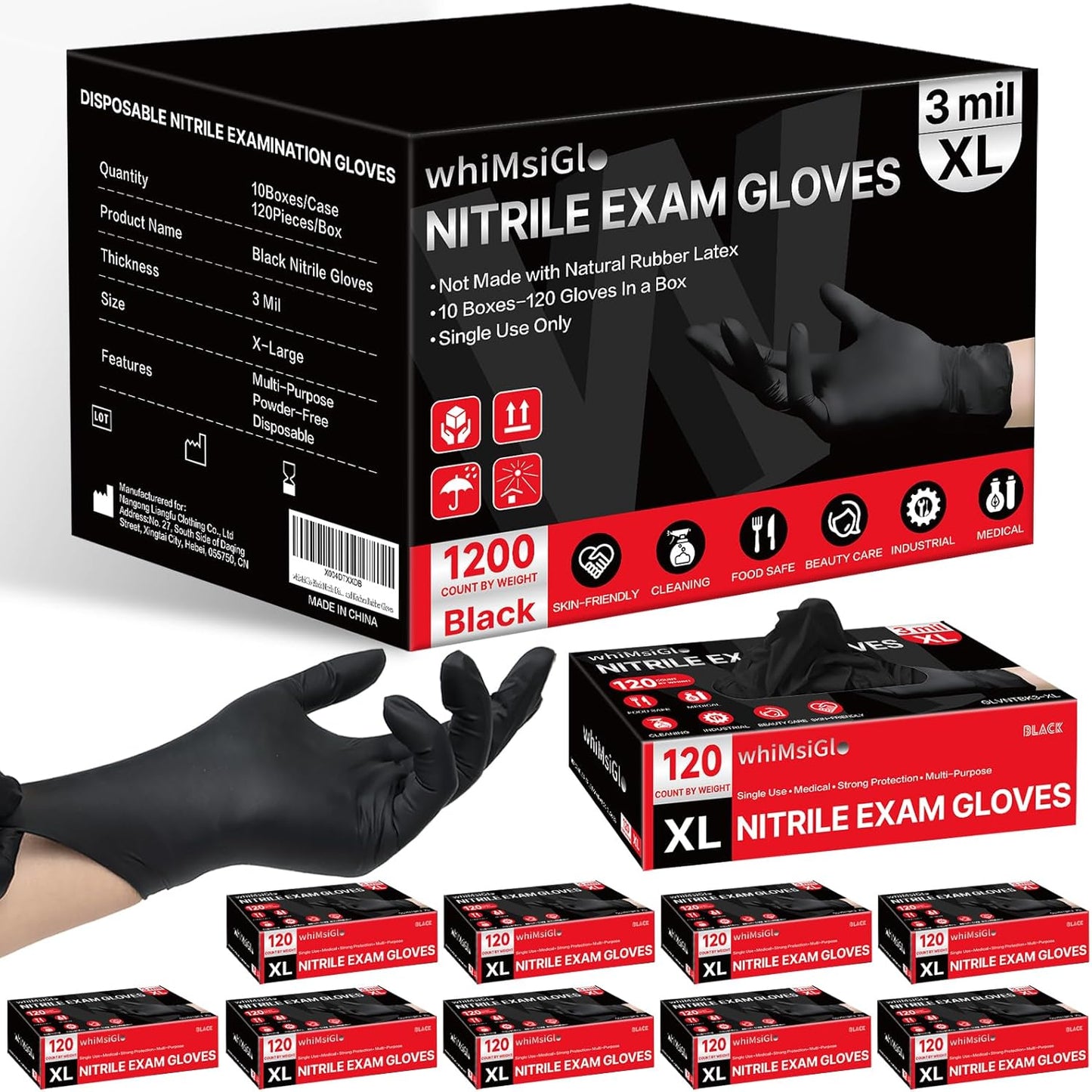 1200 Black Nitrile Gloves, Latex & Powder-Free, Medical Grade