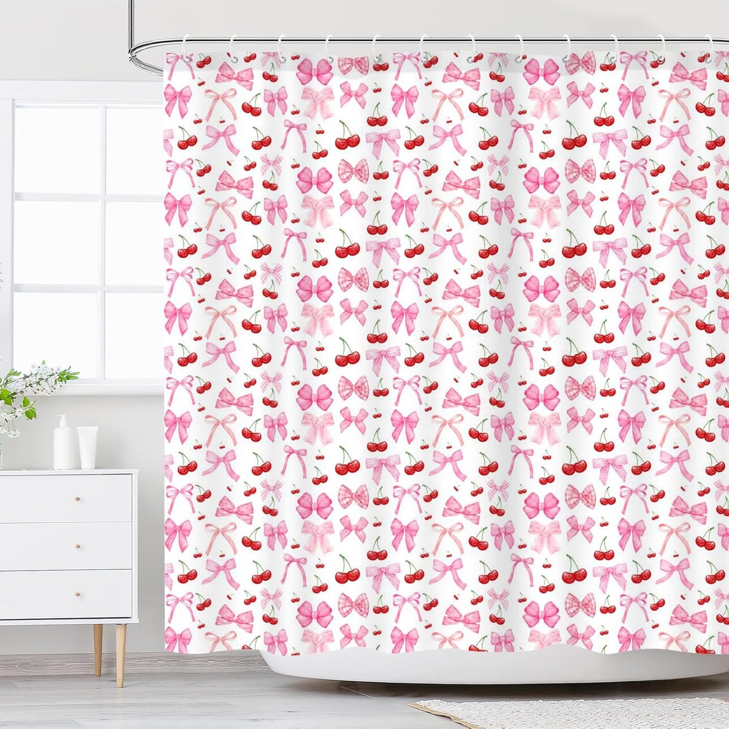 Pink Fruit Shower Curtain Set - Watercolor Aesthetic Bliss