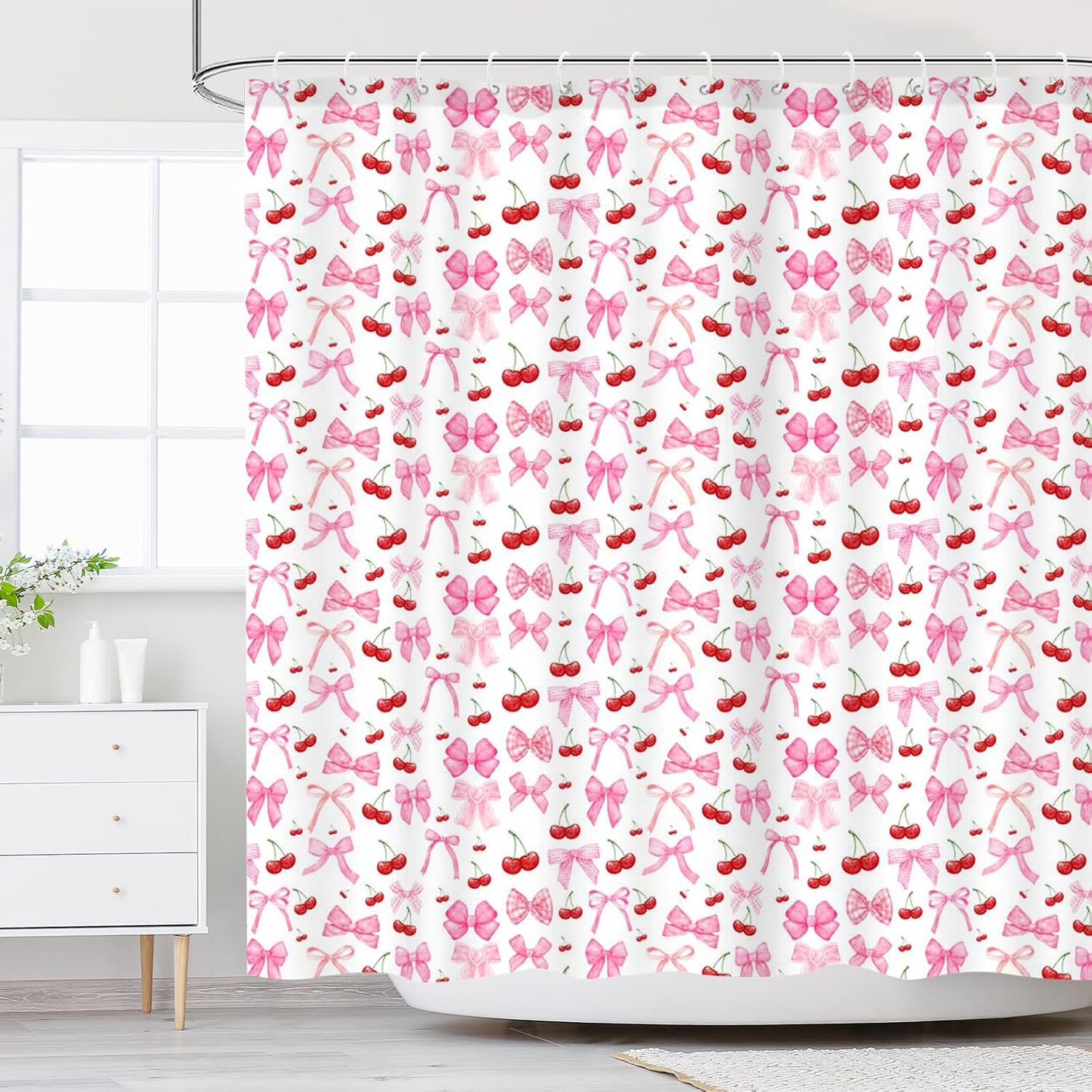 Pink Fruit Shower Curtain Set - Watercolor Aesthetic Bliss