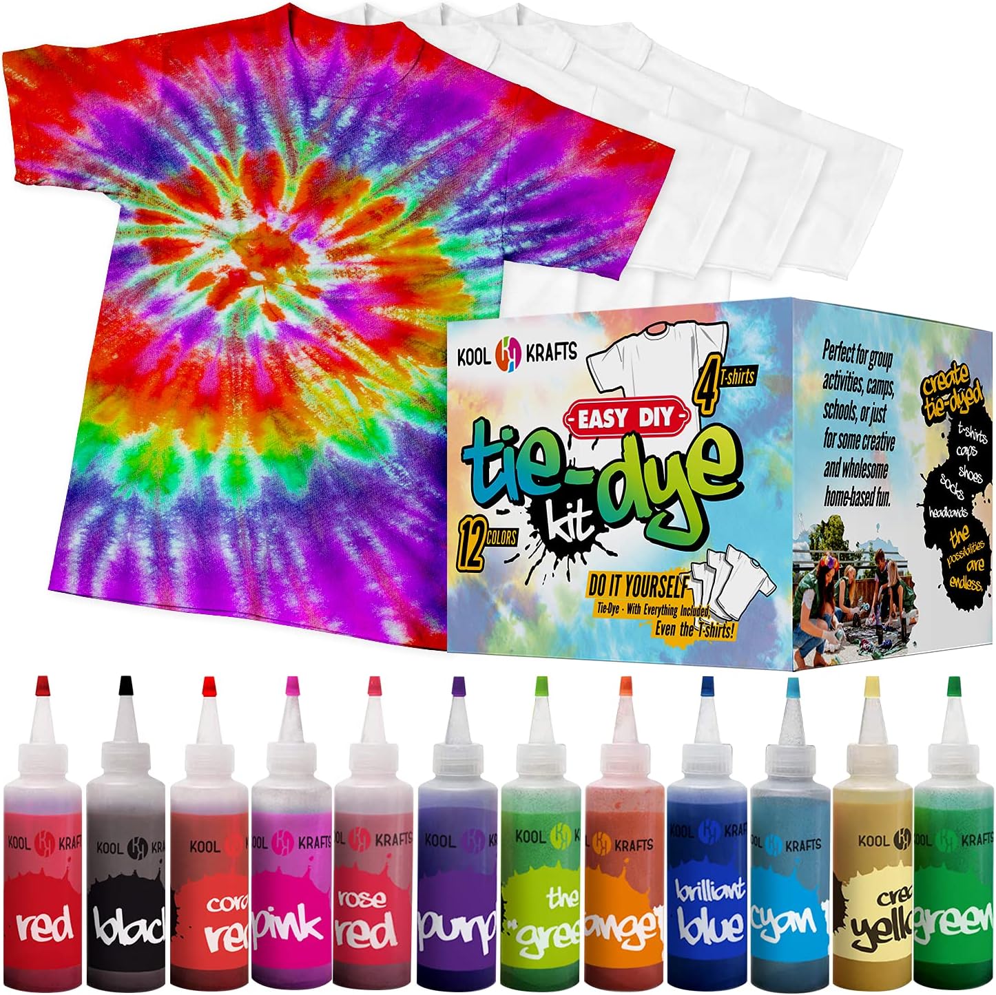 KOOL KRAFTS Tie Dye Kit with 12 Colors and 4 T-Shirts for Fun