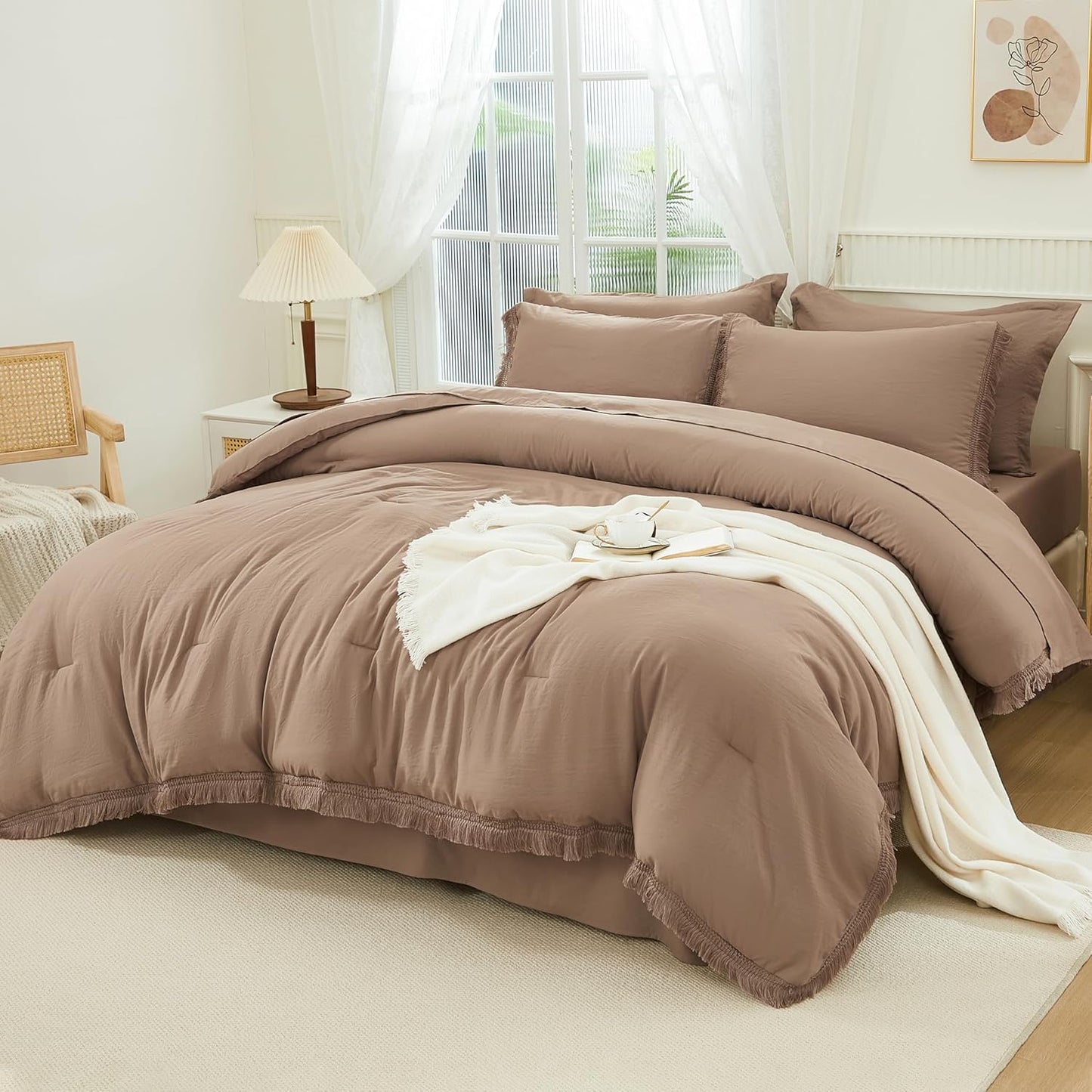 Andency Taupe Full Size Comforter Set with Sheets - 7 Pieces