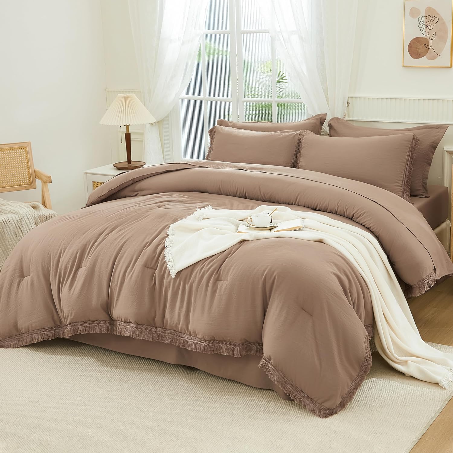 Andency Taupe Full Size Comforter Set with Sheets - 7 Pieces