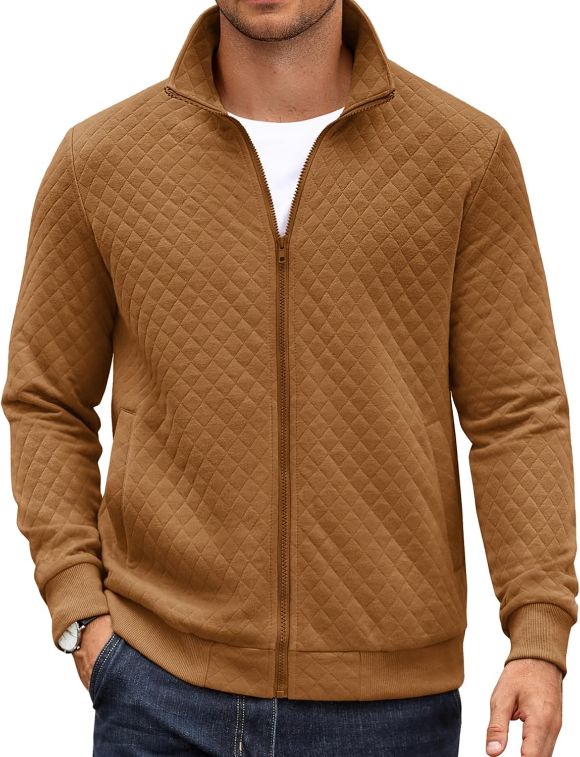 COOFANDY Mens Zip Up Sweatshirt Mock Neck Quilted Jacket Review