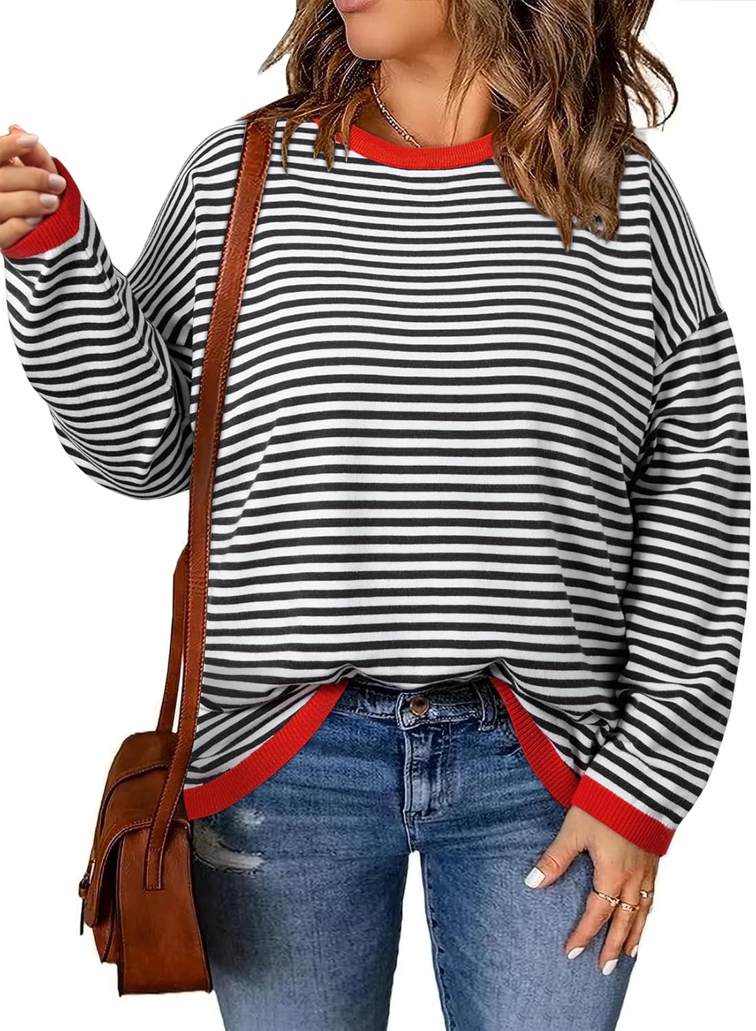 Eytino Plus Size Sweaters for Women Casual Striped Pullover