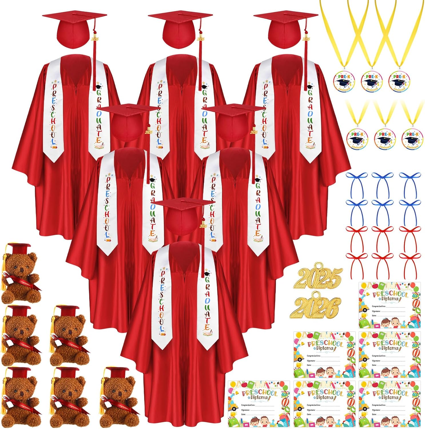 60 Pcs Preschool Graduation Cap and Gown Set for Kids 2025