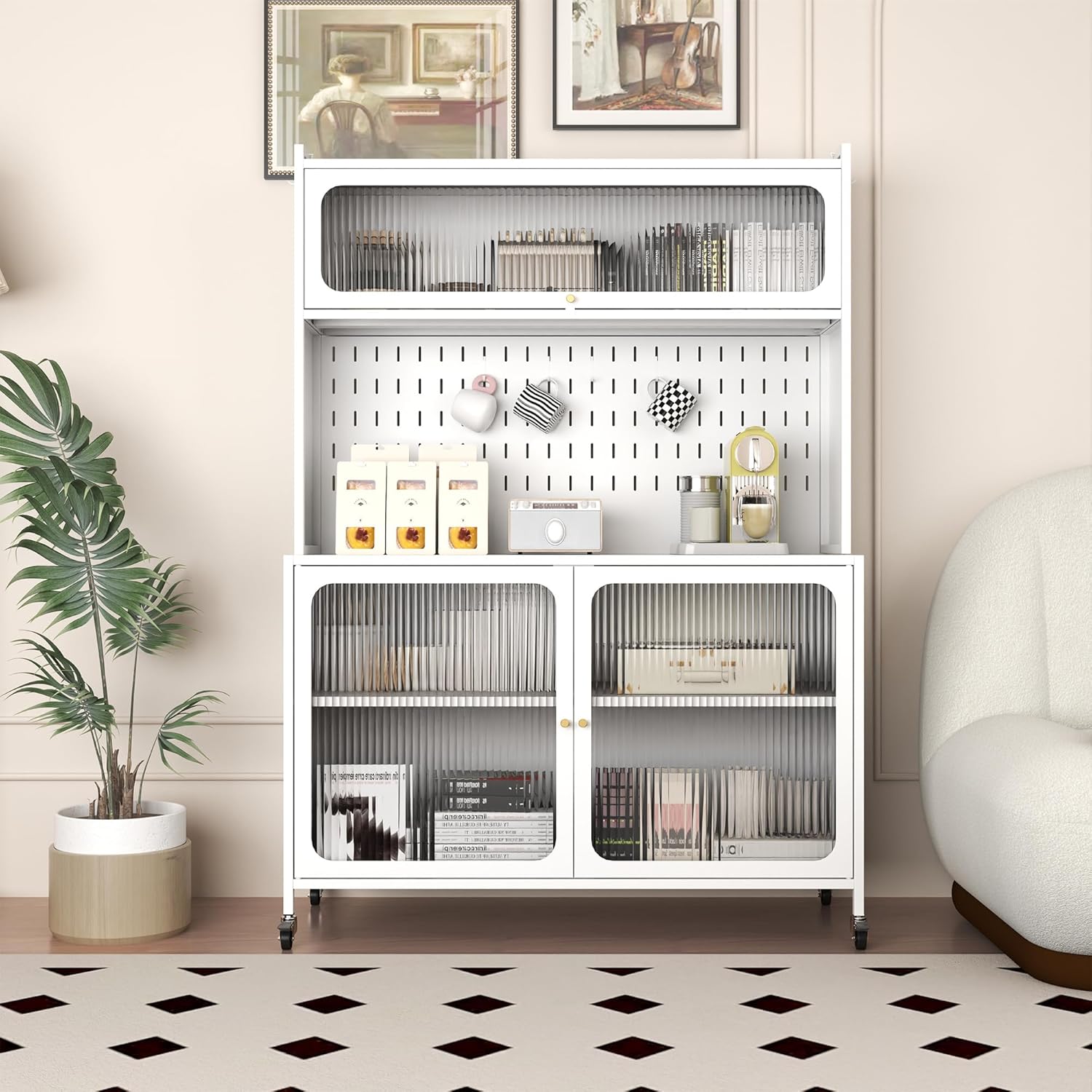 Kitchen Bakers Rack w/ Storage & Metal Pegboard - VIYET