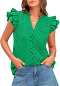 Women Summer Eyelet V Neck Ruffle Cap Sleeve Top - Breathable Cotton