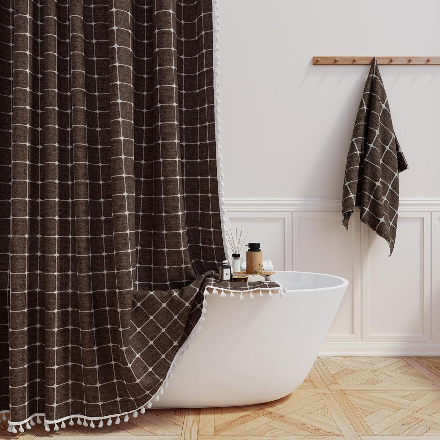 Boho Farmhouse Linen Shower Curtain Set - 78 Inch Brown Decor