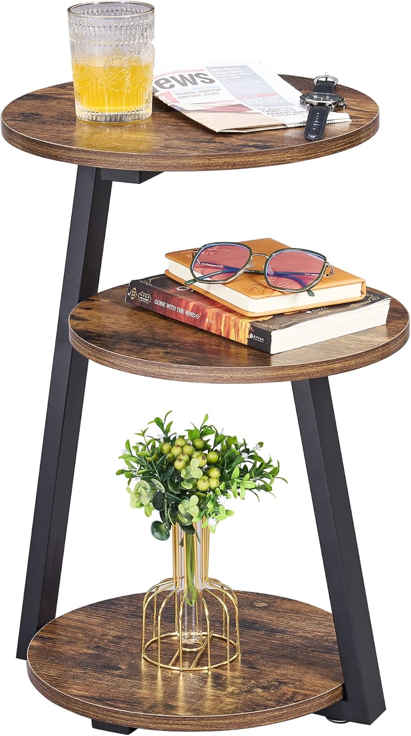BEWISHOME Round End Table with 3-Tier Shelves for Storage