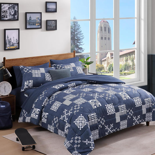Queen Comforter Set Navy Blue Plaid Bedding Set for Teens