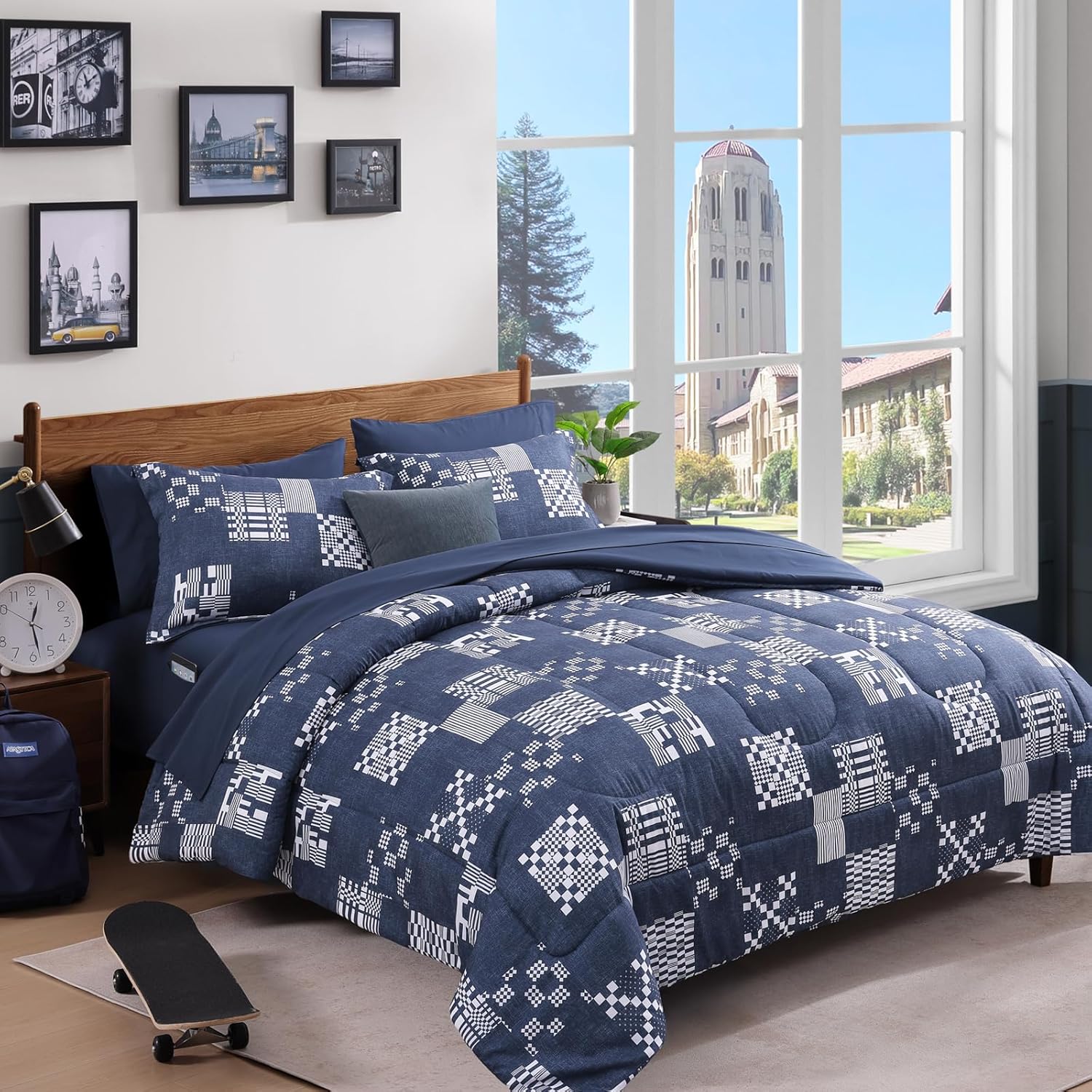 Full Size Comforter Sets Navy Blue Plaid Bedding Set 7 Pieces