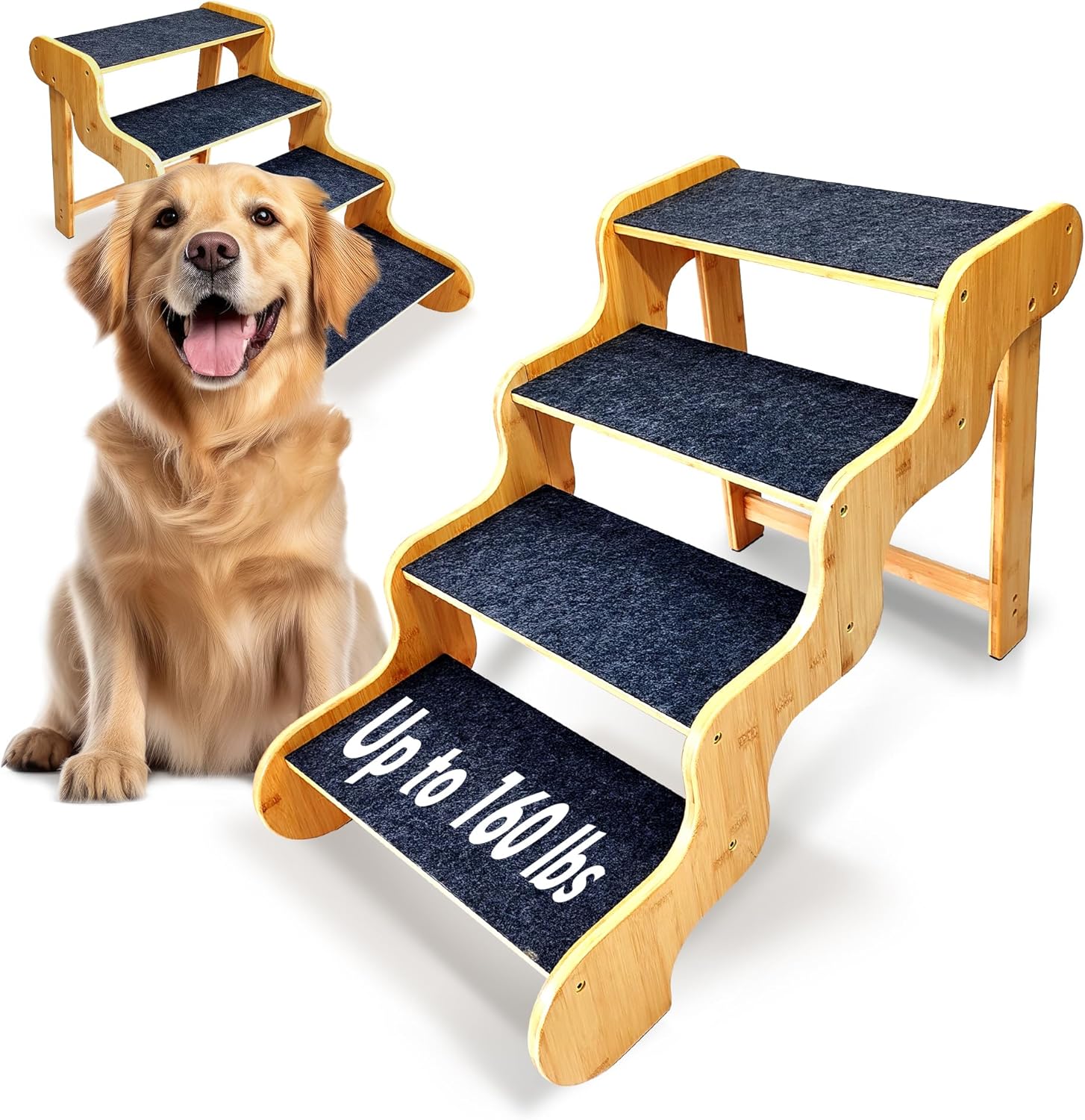 Dog Stairs for Large Dogs - 4 Steps Bamboo Wooden Ramp