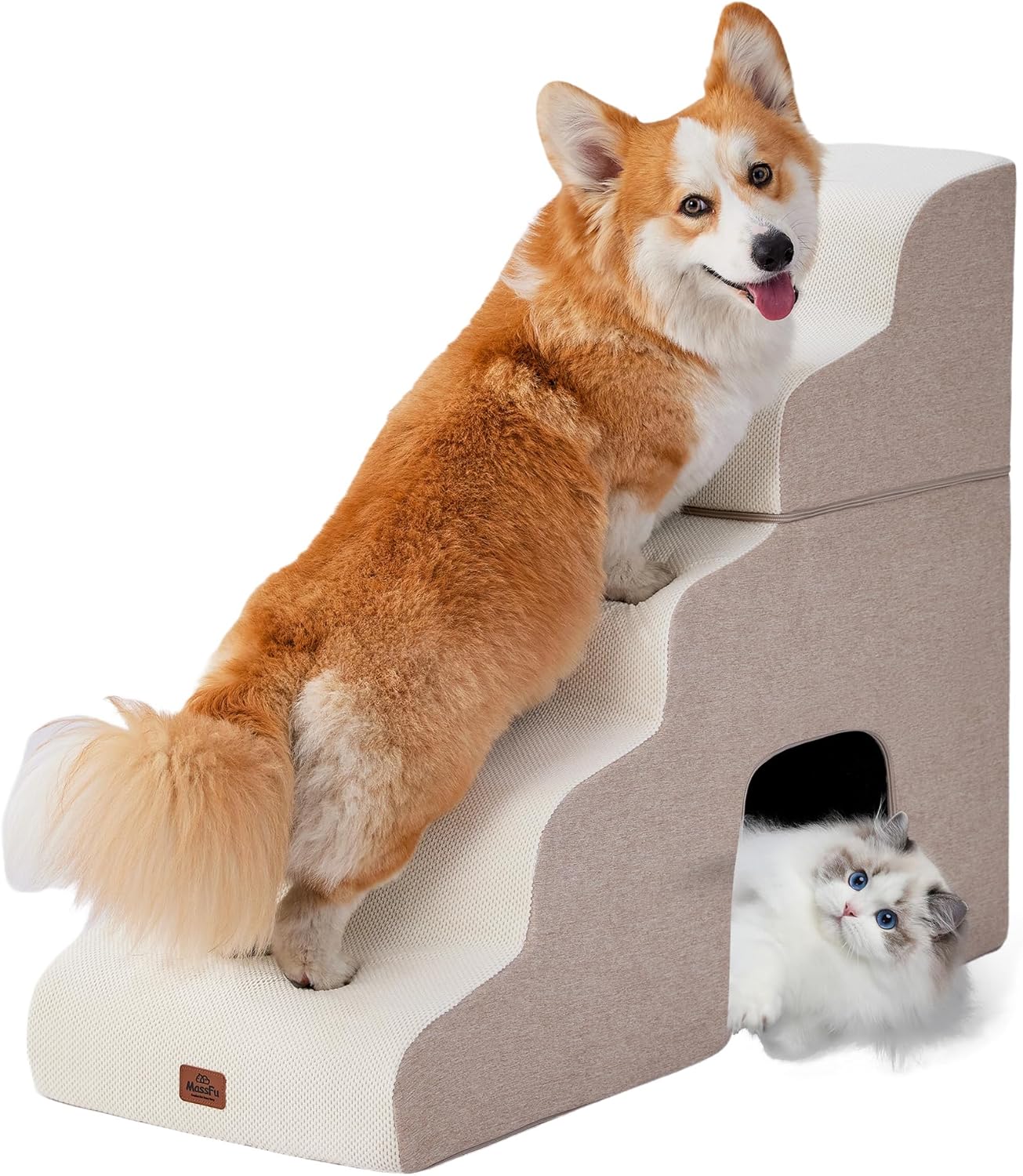 Beige Curved Dog Stairs Ramp for High Beds - 5-Step Pet Steps