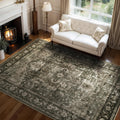 Olive Green Washable 8x10 Area Rug - Soft Vintage Floral for Living
