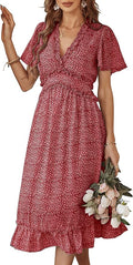 Women's Summer Ruffle V Neck Boho Floral Midi Dress - Flowy Chiffon