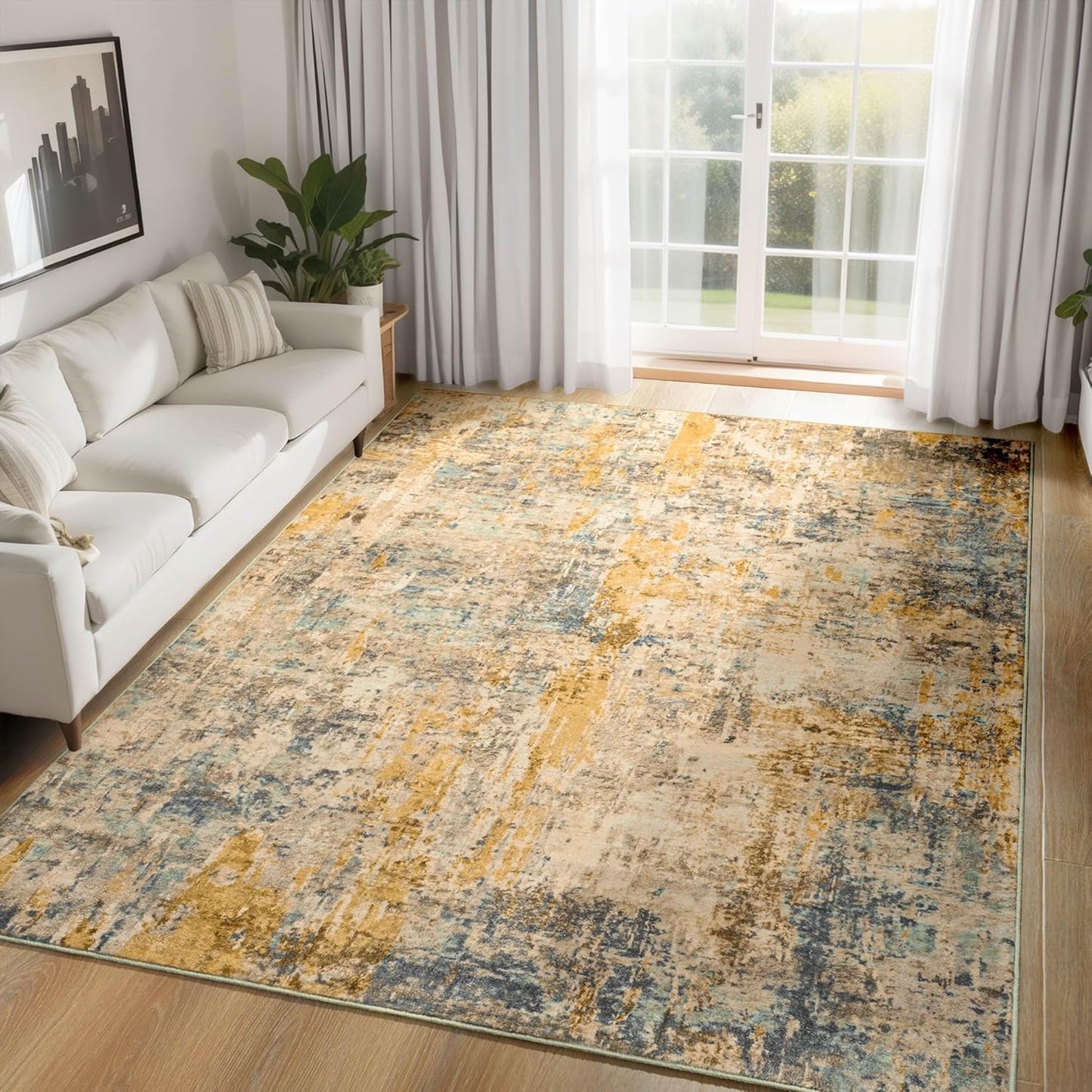 Ompaa Living Room Rug 5x7 Beige Area Rug Machine Washable