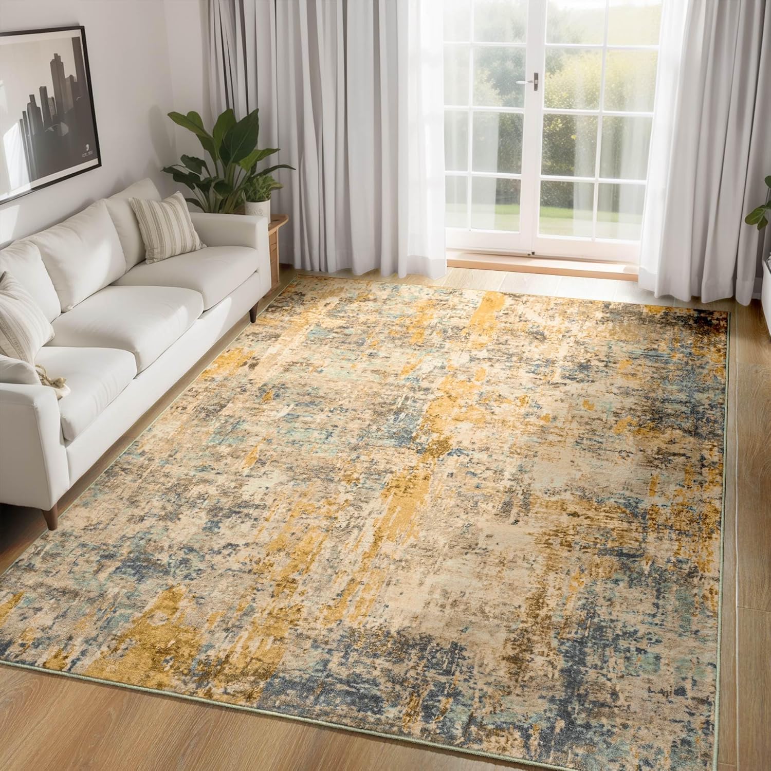 Ompaa Living Room Rug 5x7 Beige Area Rug Machine Washable