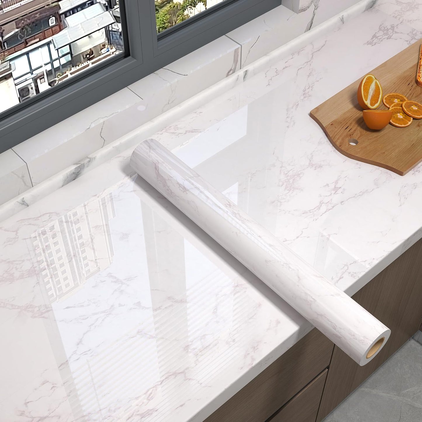 White Gray Glossy Marble Contact Paper for Easy Home Refurbishment