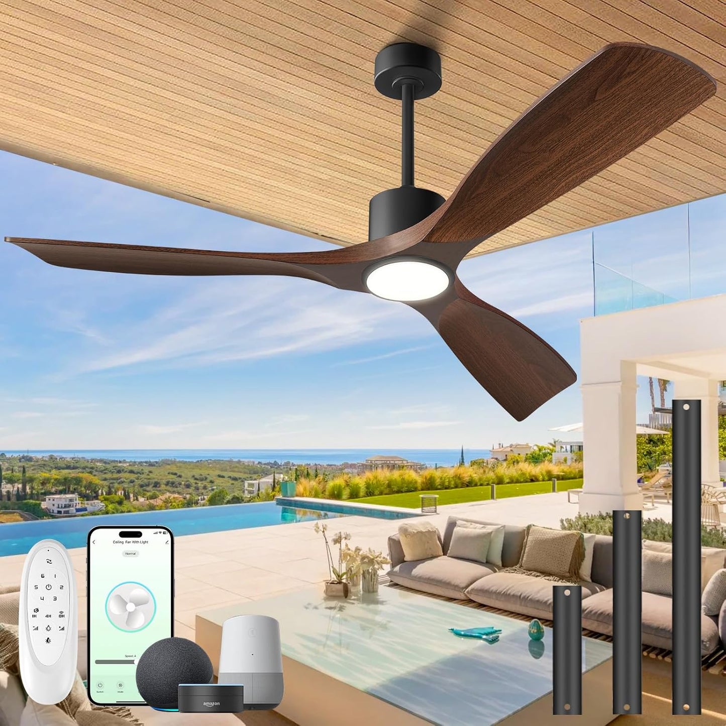 Modern Smart Ceiling Fan with Light and Remote Control 52 in