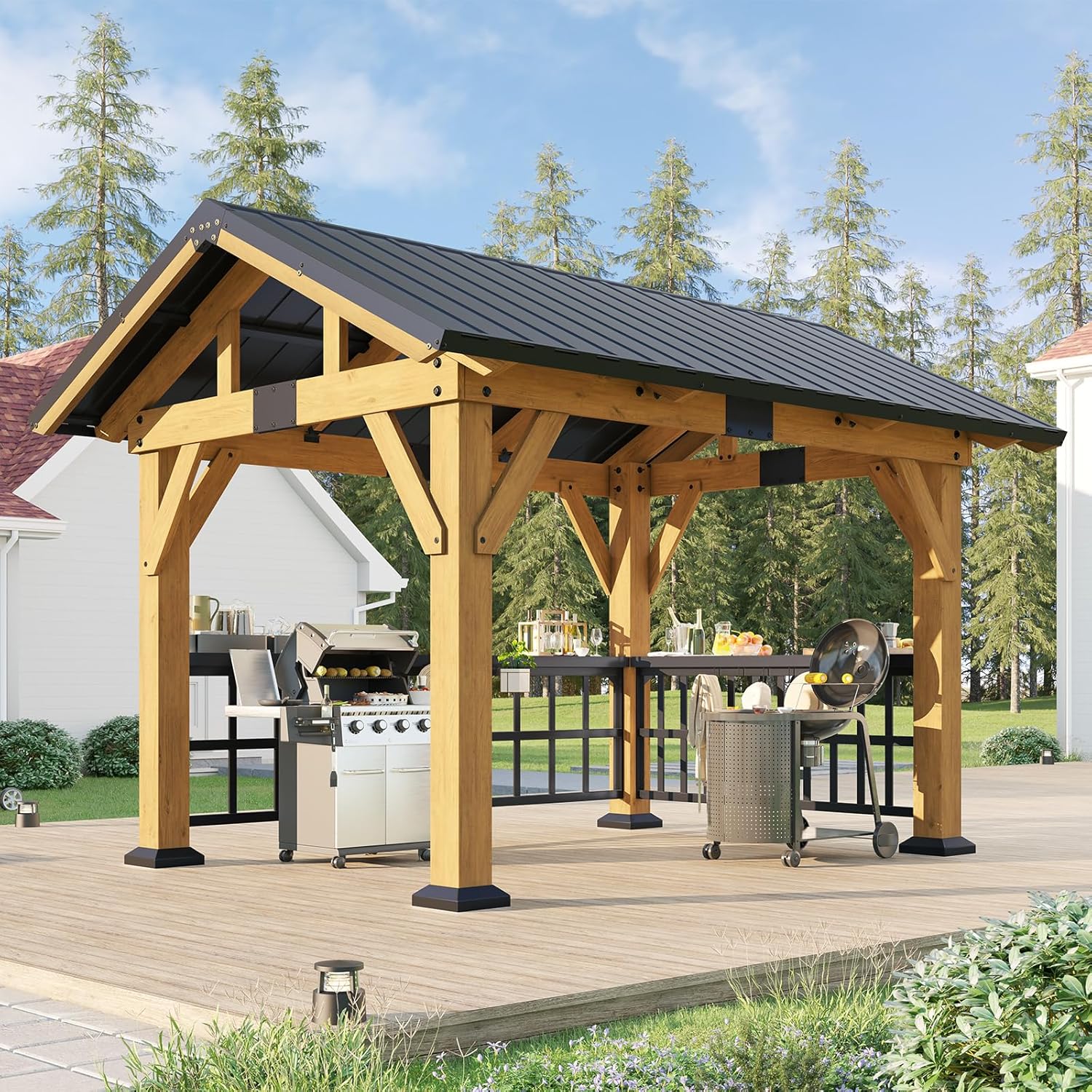 9x10FT Hardtop Grill Gazebo with Adjustable Bar Tables
