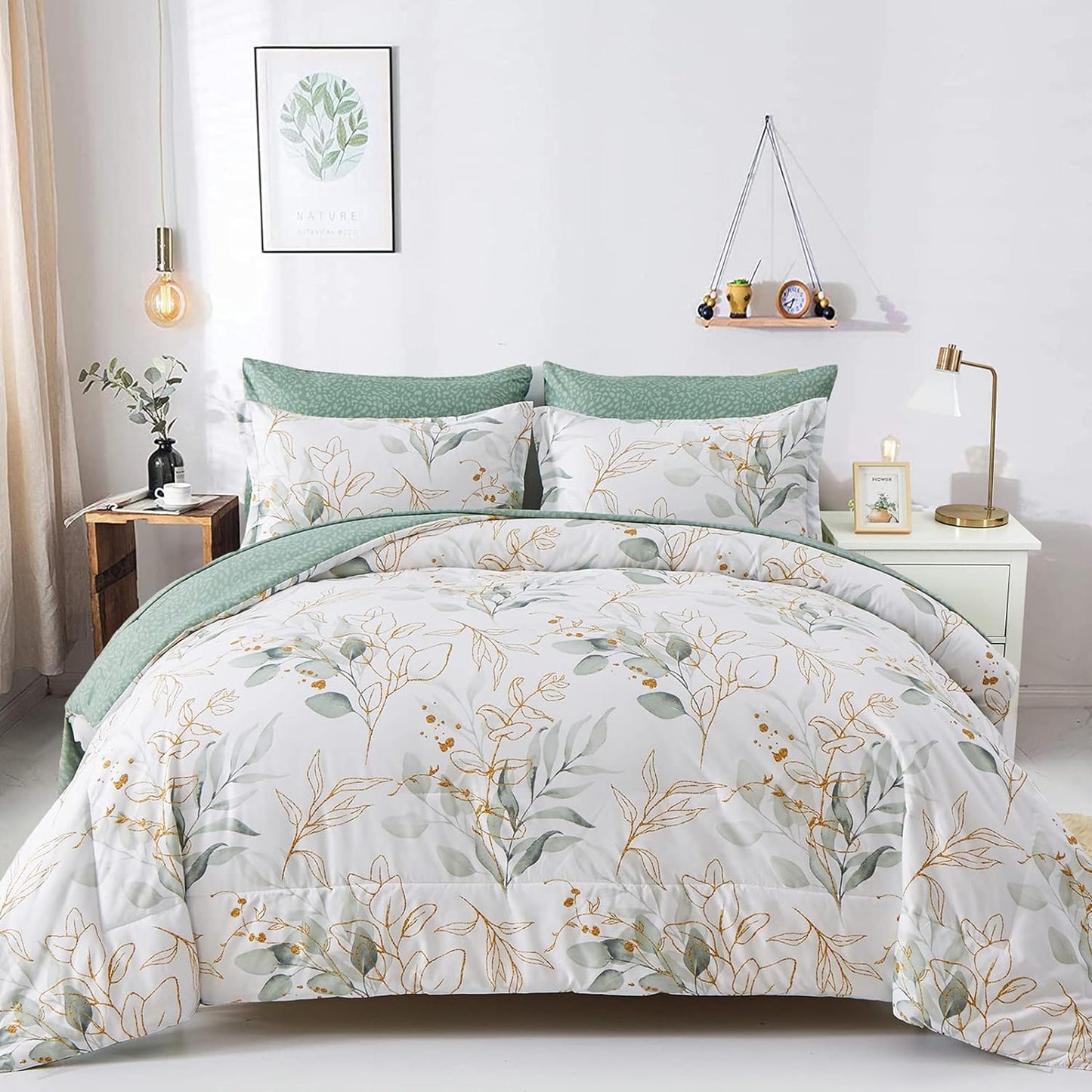 Floral Comforter Set King - 7 Pieces Botanical Bedding Set